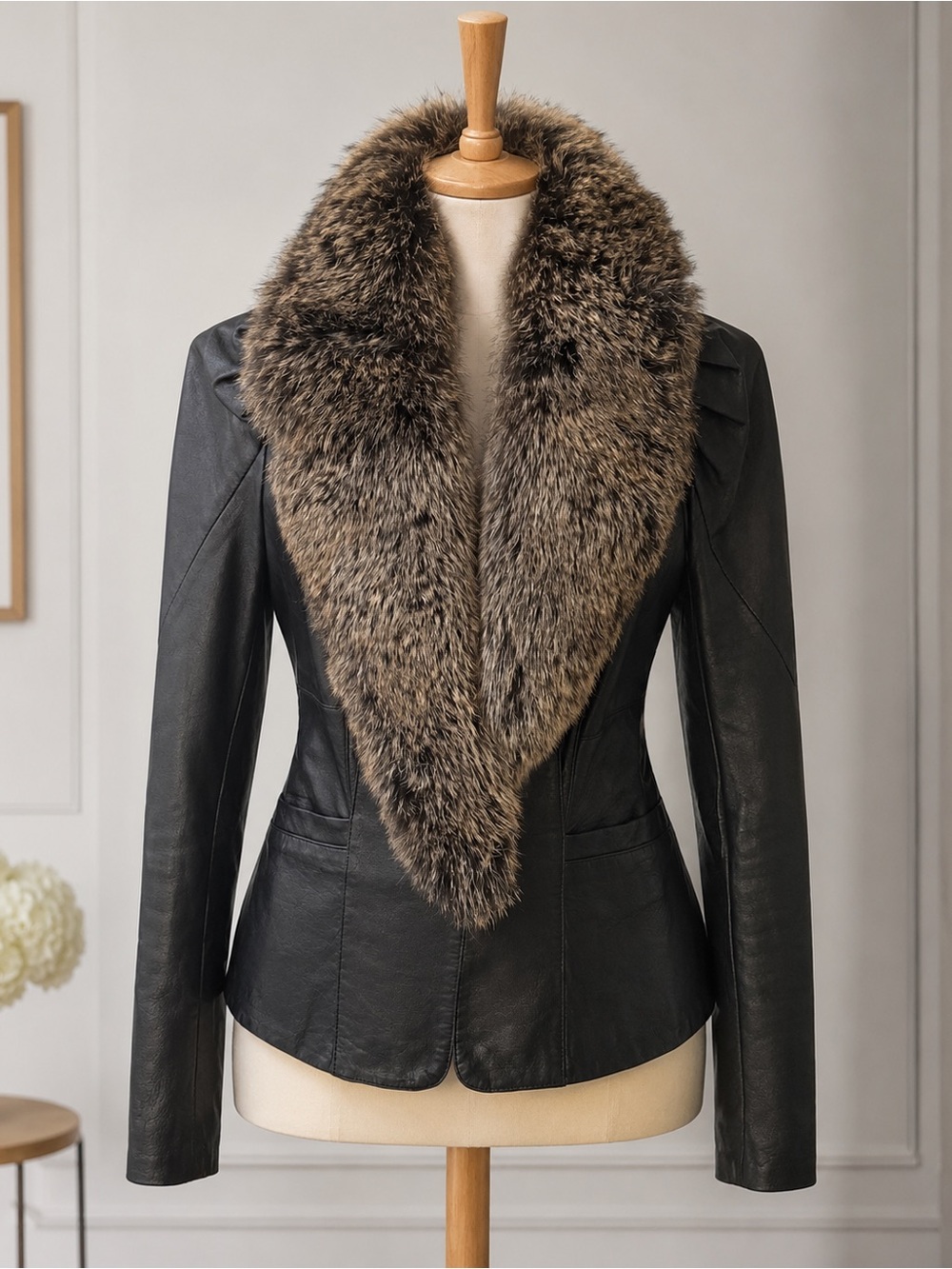 Vintage genuine leather jacket with removable fox fur collar